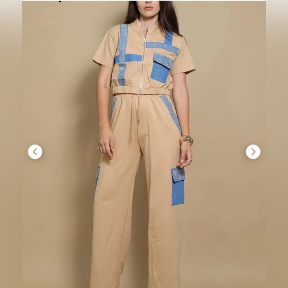 LC Tan Pant Set with Blue Denim Bling Accents